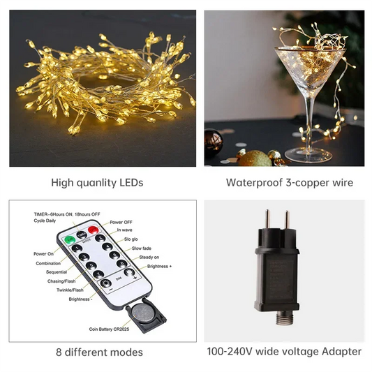 Cluster LED String Fairy Lights  Silver Wire Outdoor Christmas