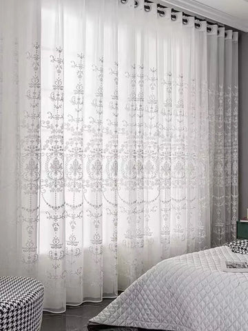 Sheer White Embroidered Floral Voile Curtain