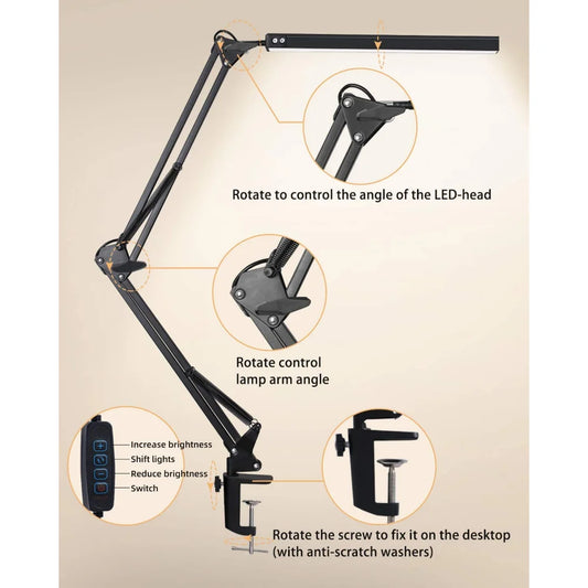 LED Desk Lamp – Clamp Swing Arm with Eye-Caring Dimmable Light