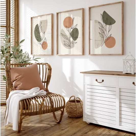 Frameless Bohemian Plant Wall Art Collection – Sage Green & Orange Abstract Prints