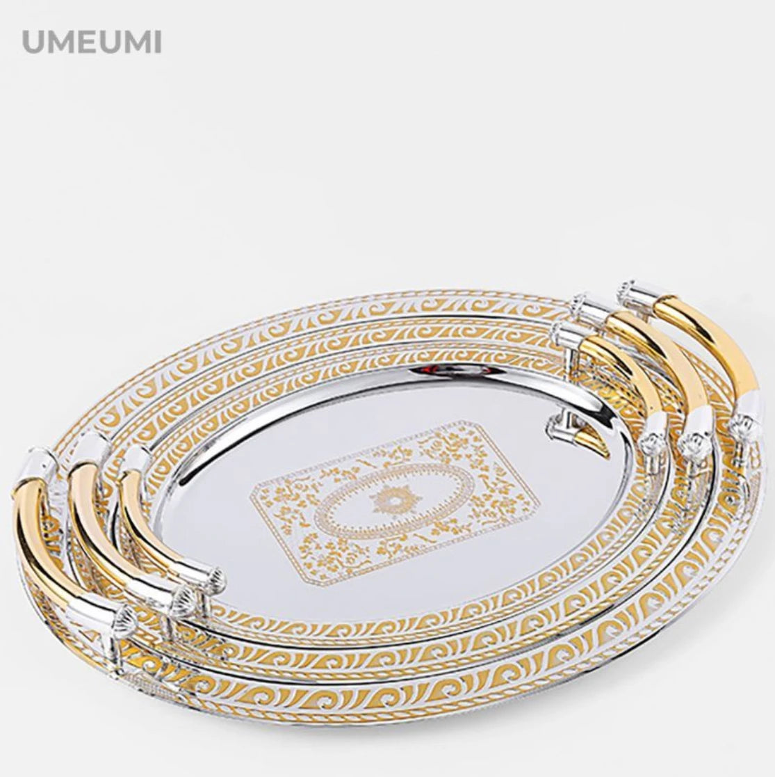 European Style Golden Metal Decorative Tray – Oval Mirror Serving Tray with Handles