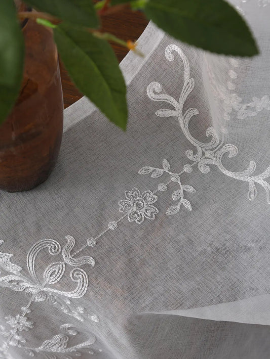 Sheer White Embroidered Floral Voile Curtain