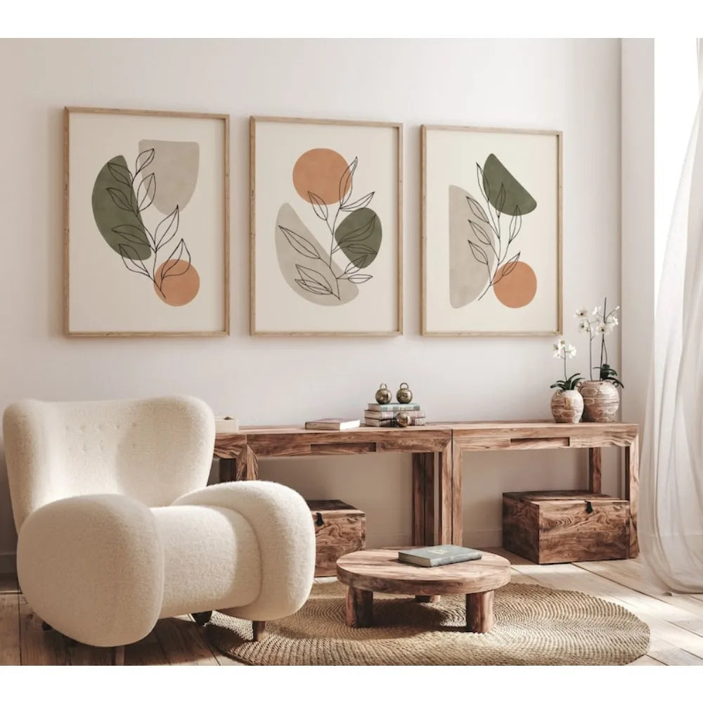 Frameless Bohemian Plant Wall Art Collection – Sage Green & Orange Abstract Prints