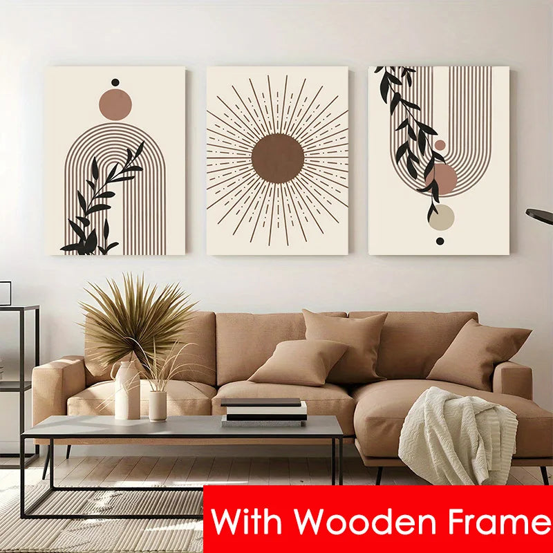 Framed Abstract Beige Bohemian Sun & Leaf Canvas